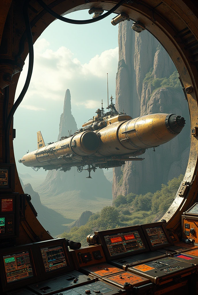 steampunk exterior of a spaceship. Through the windows you can see the landscape of an alien planet., The entire space is filled with work consoles with electronic devices and screens, full hd