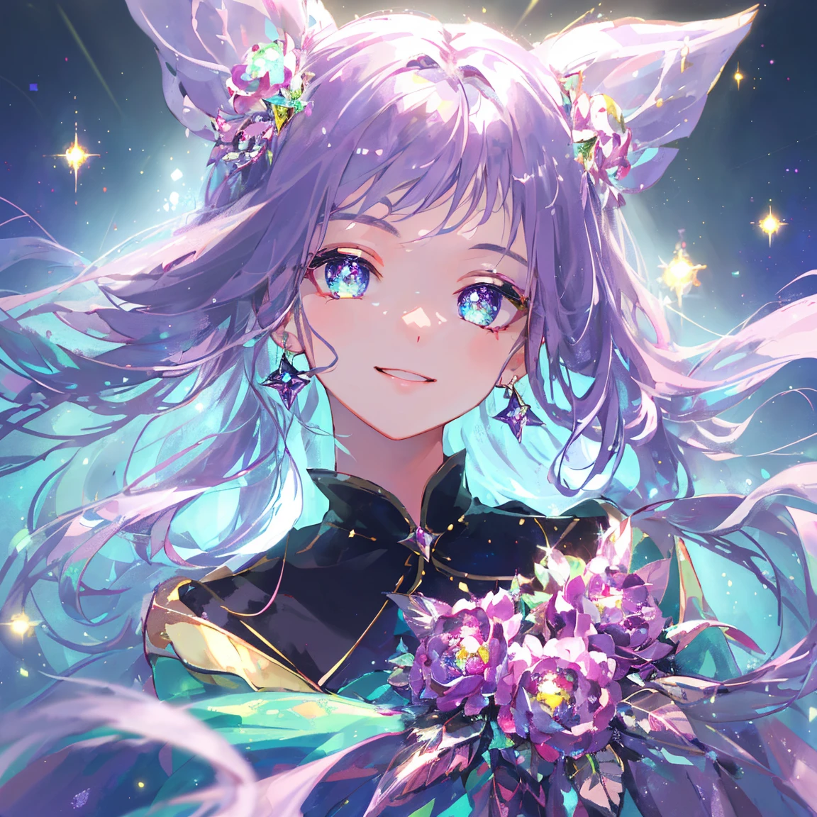 1 girl masterpiece, highest quality, shape, A dazzling smile,alexandrite eyes and hair, alexandrite earrings, alexandrite necklace,fairy, cute, (dynamic lighting:1.2), cinematic lighting, delicate features, fine eyes, sharp pupils, realistic student, written boundary depth, Bokeh, sharp focus, (very detailed, bloom, shine:1.4), lots of little gems