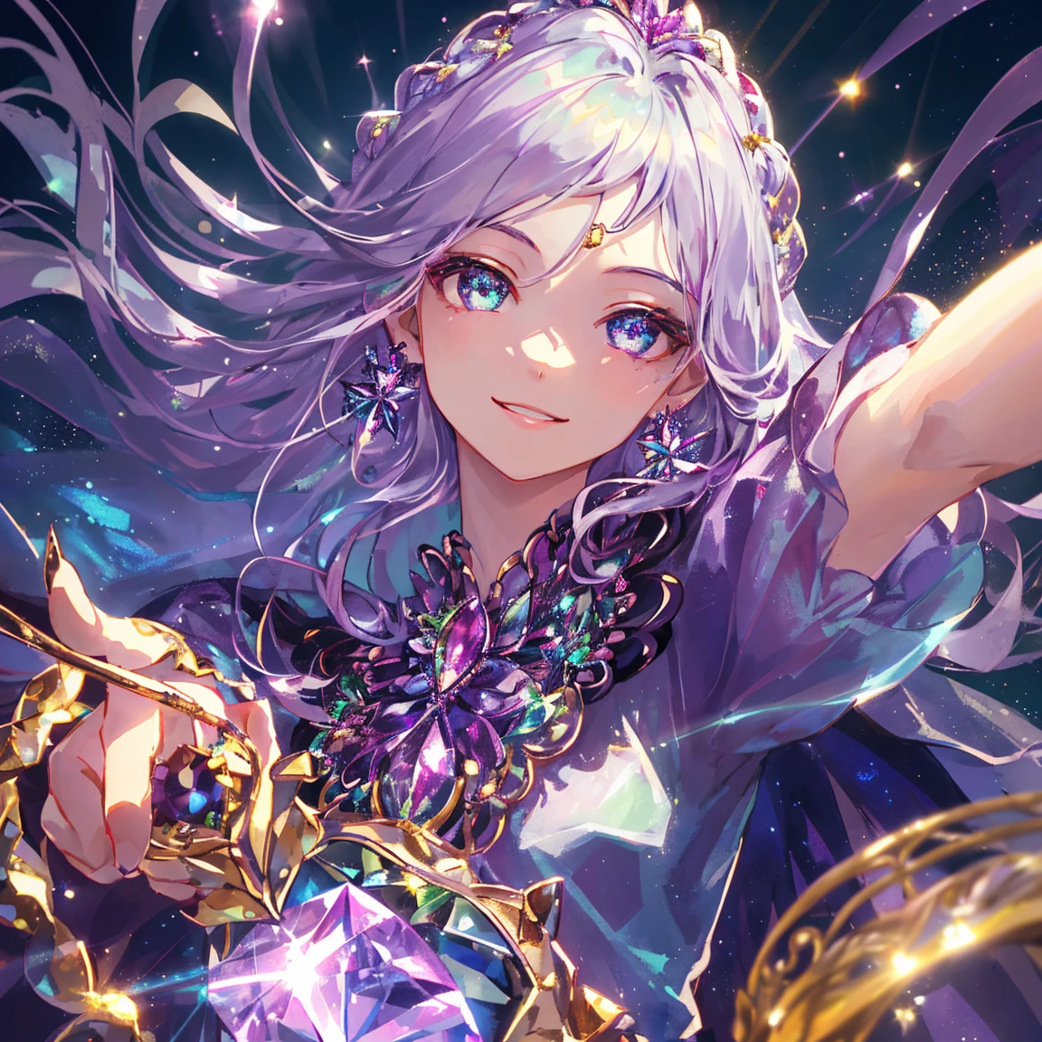 1 girl masterpiece, highest quality, shape, A dazzling smile,alexandrite eyes and hair, alexandrite earrings, alexandrite necklace,fairy, cute, (dynamic lighting:1.2), cinematic lighting, delicate features, fine eyes, sharp pupils, realistic student, written boundary depth, Bokeh, sharp focus, (very detailed, bloom, shine:1.4), lots of little gems