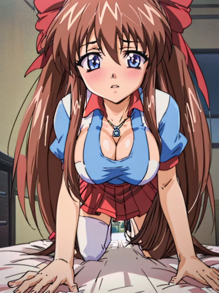 (Anime artwork, Anime Style, Studio Anime, Very detailed, Latest, Vibrant, Anime Coloring Book, High Contrast, masterpiece:1.2, Highest quality, Best aesthetics),
(Beautiful and detailed:1.2),
Aoi Tennis, 1 person, Hair Ribbon, Tennis uniform, Polo shirt, Raglan sleeves, Pleated skirt, Red Skirt, blush, Lips parted, liar, On the bed, On all fours,On all foursになって,To the audience,Cleavage, Pink Good, From below,With underwear, Skirt Lift, No pants,White knee socks,Asymmetrical bangs, Perfect Proportions, Skin with attention to detail, cute, Detailed face,(nup, plunging necklines:1.2)