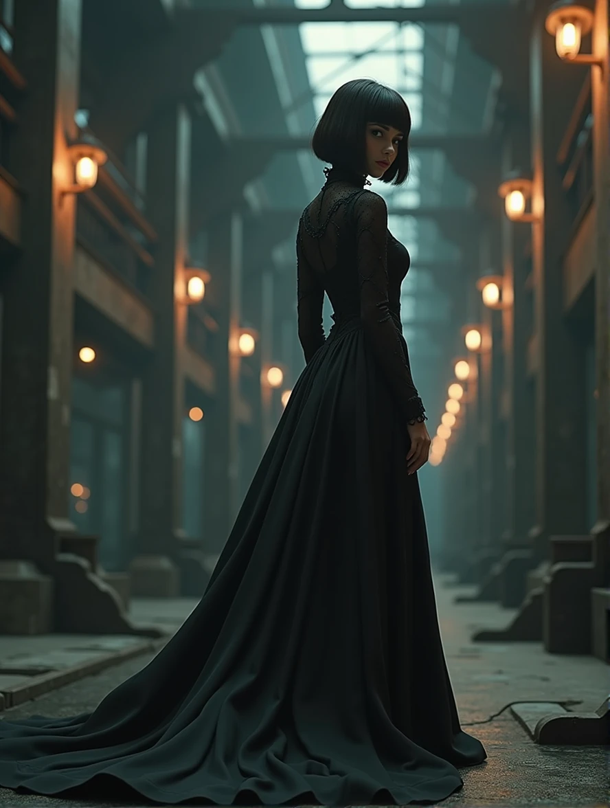 (photorealism:1.2) wife, brunette, Square hairstyle, Longues jambes, beauty, vêtue d'une longue robe noire, robe gothique, avec un long train, un col victorien haut, gray eye color, fond cyberpunk, the size of a girl, inside an industrial building, that extends deep into the hallway, portrait, se retourne, une vue de loin en bas d'un long couloir JENNA ORTEGA