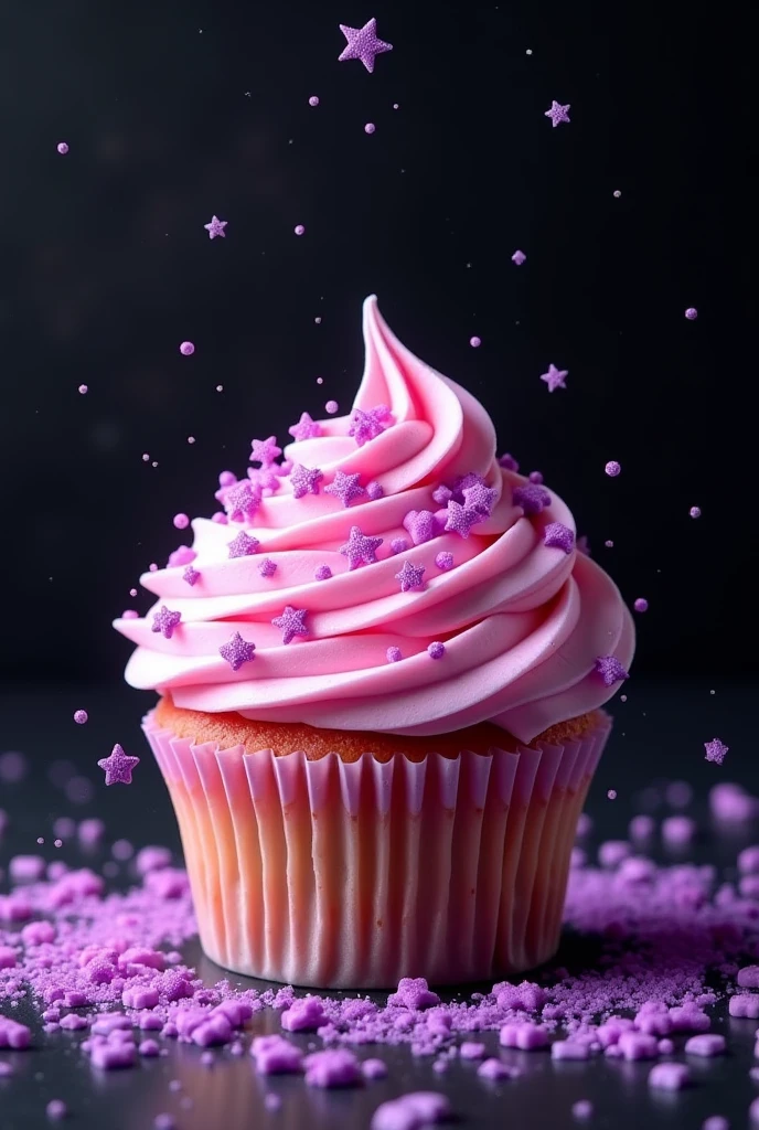 Pink cupcake with purple star-shaped sprinkles, and the background in black and white
