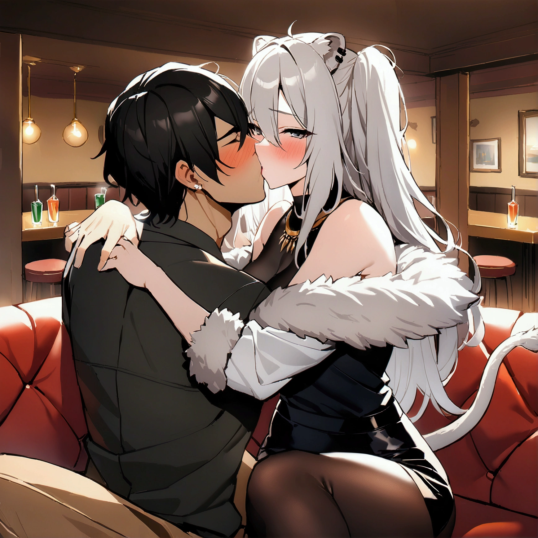 NSFW,masterpiece,Highest quality,High resolution,Super detailed,Shishirabotan\(Hololive\),Long Hair、Two Side Up、Earrings、Lion's Tail,necklace、(Black Shirt,pencil skirt)、Sleeveless shirt、abdomen、See-through、、One legged pantyhose、pantyhose、fur-trimmed jacket、Black jacket、Off the shoulder,,Embarrassed,blush,Luxurious Room,pub,Private room,sofa,Cocktail Glass,(Drunk),(Intoxication),Sitting,heart,Sexy pose,Panty shot,(Strong-faced men),A man sitting next to me,A man puts his hands on her waist and hugs her,( panties),spread legs,open legs,evil smile,(((1guy sitting beside girl,touching body,hug,kiss))),looking viewer