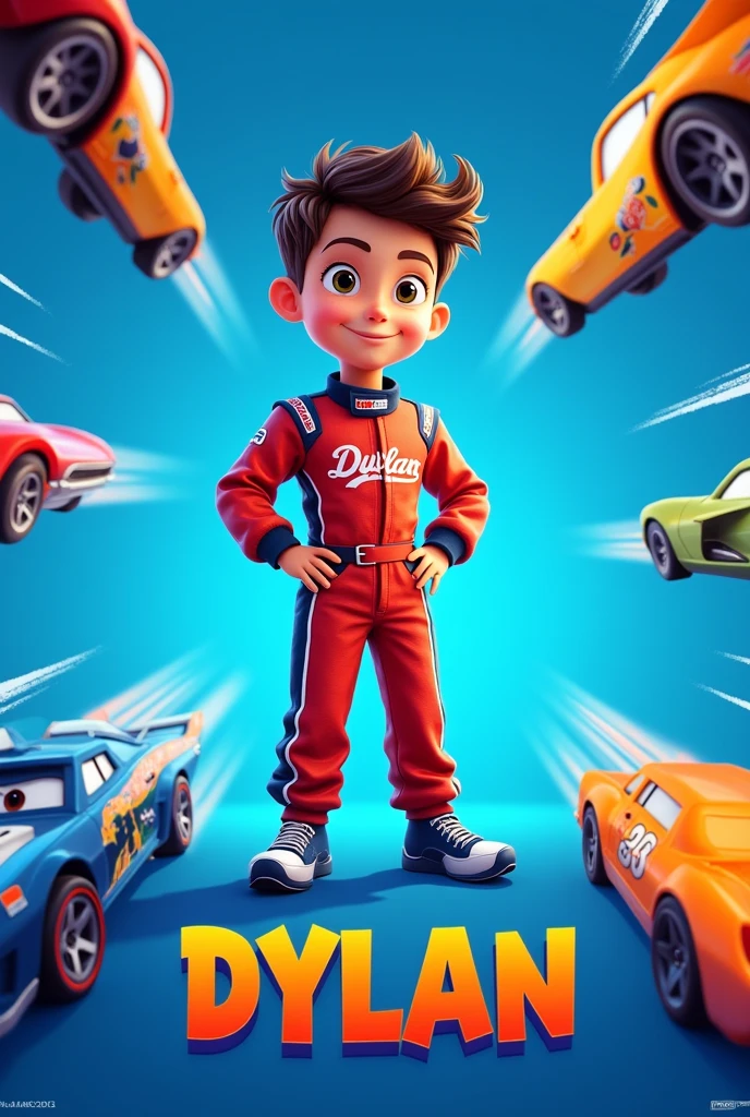 I want a horizontal image with a blue background in the Hot Wheels style where the letters say the name Dylan with the same font as Hot Wheels and cars coming out of the corners in the center a cartoon boy dressed in a racing suit 
