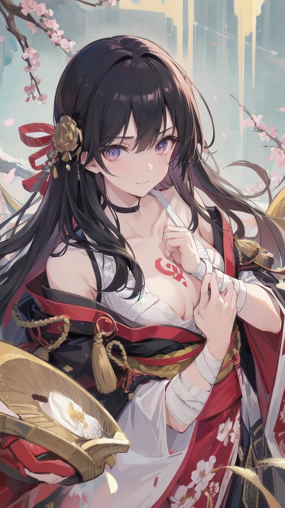 (((((roll up bandage sideways on a chest tightly to cover the chest without gaps))))), (((bandage samweways))),, ((Japanese Gangster BOSS)), adult woman with the dignified presence, Killing Qi, wear nothing around shoulder, wear nothing around neck, wear the kimono, wear it below the waist, (I wind it up to control it, and to attach it), ((kimono come off)) ,wear the kimono multiple times, Bare shoulders and the clavicle, black and gold kimono, put on over jacket of kimono, (holding a japanese sword which shine in purple, The handle of the sword is black, and the blade is gray, long sword), eye fire, low angle, whole body, anime character, Glaring, off sholder, nappropriate smile, Excellent, black blue hair, can see both shoulder, ((long kimono hem)), small face, ((some cherry blossam big tattoo on the arm)), ((background Japanese gate with circlr mark)),muscular,drink sake,fullmoon in the sky, The kimono is spreading,(((ultra-detailed))),super beautiful,Masterpiece,Killing Qi,Intimidation,zoom up, a person,Selfish person,in japanese veranda