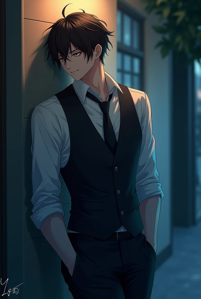 The atmosphere is like a shoujo manga.、A male dealer leaning against the wall in a slanting posture、looking down with a condescending expression、He is wearing a white shirt, vest, and tie.