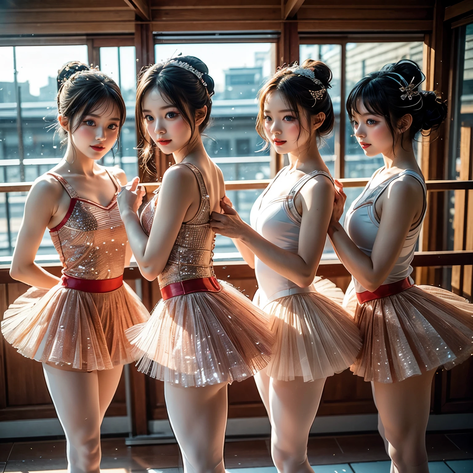 SFW, ExtremelyDetailed (((Kawaii Ballet Girls Group in a row:1.4))), Childish perfect face, Reflective Eyes, Detailed(Delicate Clothing textures), Corrected Leg to Foot Line, Corrected Childish Hand, Dynamic Joyful Expressions LifeLike Rendering, ((Specular Reflection:0.8)), TopQuality 8K Ultra-detailed masterpiece (ProfessionalPhoto:1.37)(Acutance:0.8),(Luminism:1.28), Tyndall Effect, (Muscle:-0.5), facing away (from side ) (Clearly visible Beautiful hip shape)