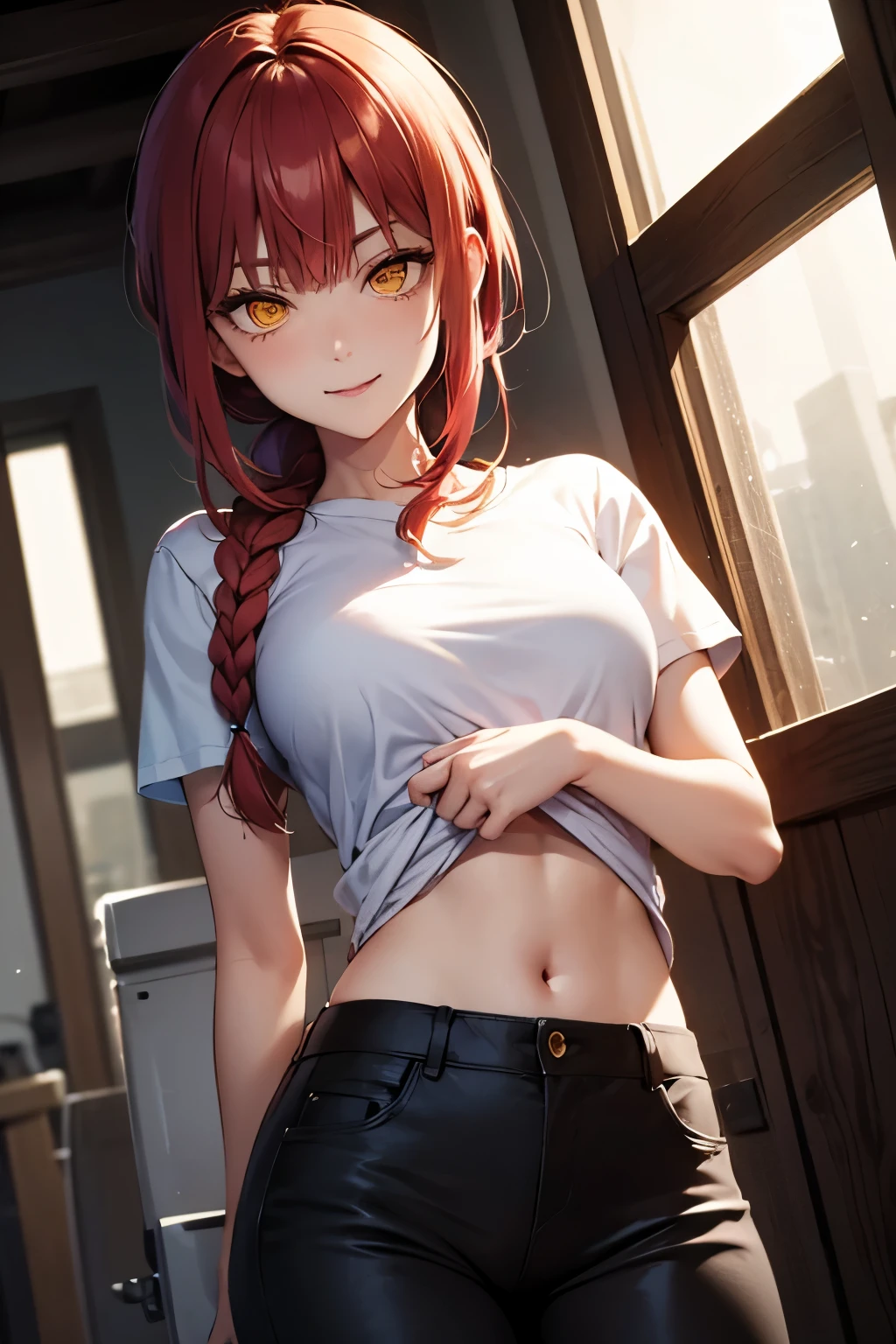 Makima , malicious Bangs, (medium breasts:1.2), (Yellow eyes:1.2), braid, Red hair , smug smile evil , braided ponytails, Ringed Eyes, shirt lift , and pants pull concept