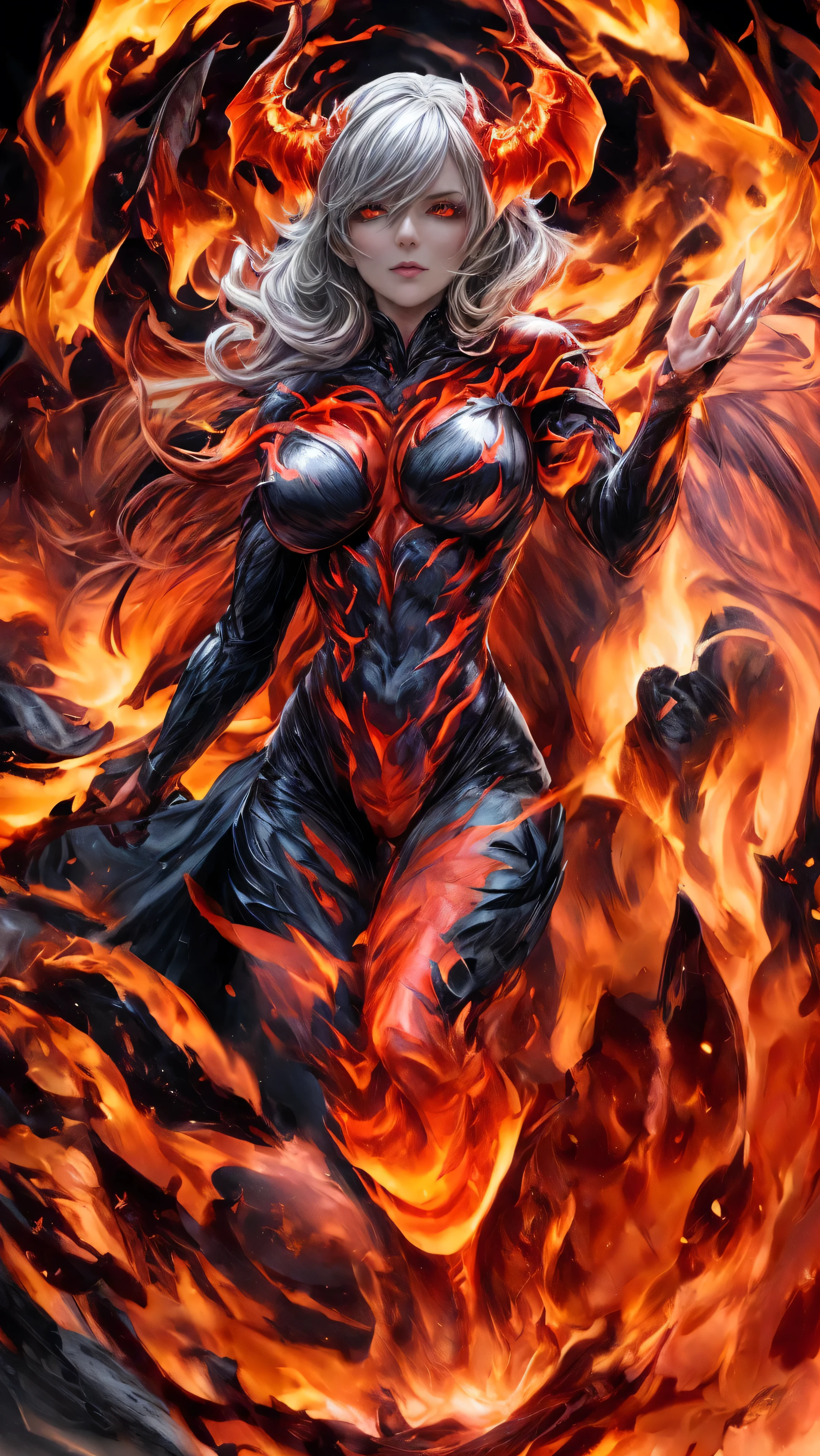 Storyboard, masterpiece, highest quality, dragonlady queen, perfect demoness, bright red glowing eyes, detailed eyes (1.4), scars on face, villainous expression, flaming skin body with bioluminescent glowing pattern, ready for battle, blurred stormy background, dark atmosphere, lighting in background,full body, fisheye lens 