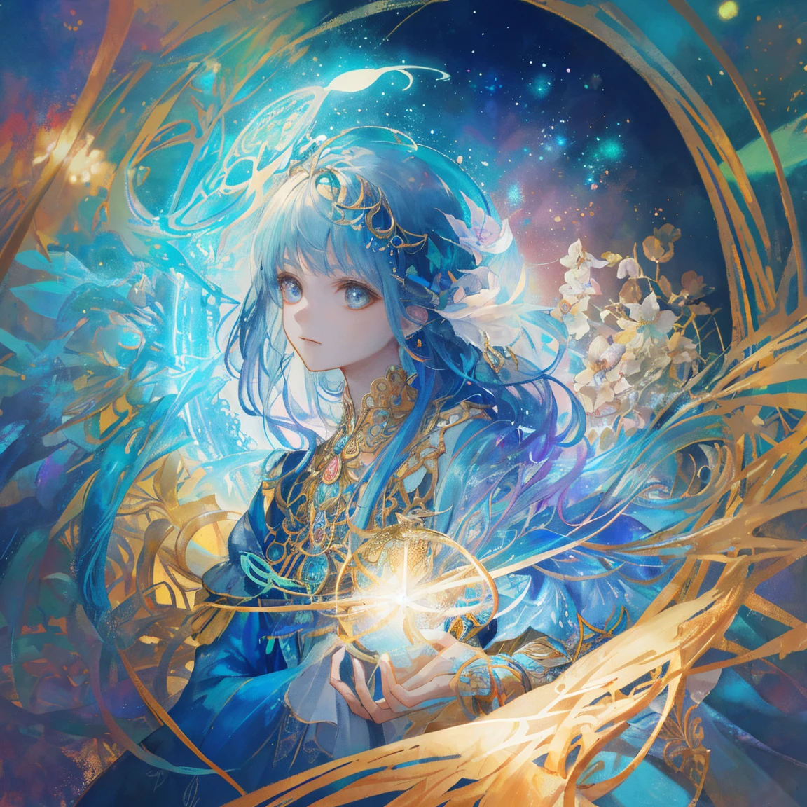 An awe-inspiring watercolor and ink masterpiece inspiring by Jasmine Becket-Griffith, featuring an enchanting, ethereal charming woman radiating celestial energy and holding a radiant light in her hands. Extraordinarily well detailed, serene and caring face. The artwork is alive with pastel hues, rainbow colors, and a double exposure effect, creating a mesmerizing interplay of light and shadow. Golden rays emanate from the central radiant light, casting a soft glow and a mysterious aura around the subject. Drawing inspiration from the styles of Yoji Shinkawa and Greg Rutkowski, this piece showcases delicate brushstrokes, vivid light effects, and an intricate interplay of dark fantasy elements. The HDR 8K, SSAO, and high-definition rendering enhance the vibrant colors and intricate details, making this illustration truly out of this world, fashionable, and immersive. Golden ratio in the proportions pink