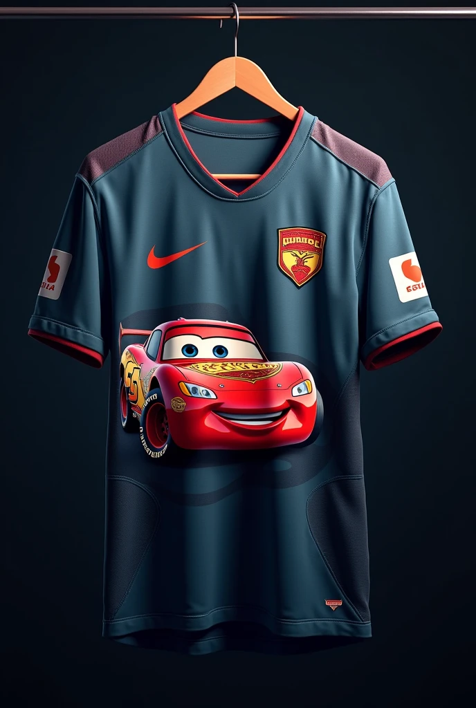Football shirt printed with the character Sally Carrera from the movie Cars, On the left side the Nike symbol, Dark background of the shirt hanging on a hanger with light details