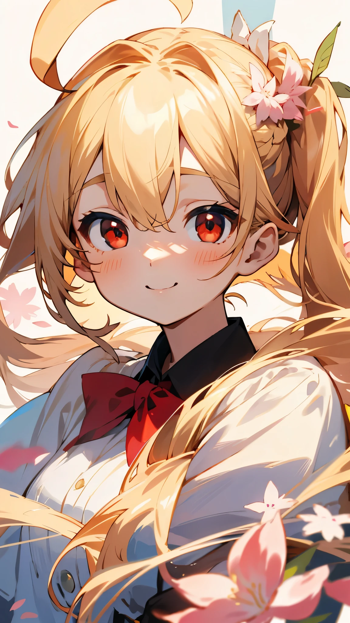 （Highest quality，masterpiece，Surreal），A beautiful and delicate portrait of a young girl.，Playful and cute，Background with fluttering petals，Blonde ponytail、Ahoge、Beautiful red eyes、smile、