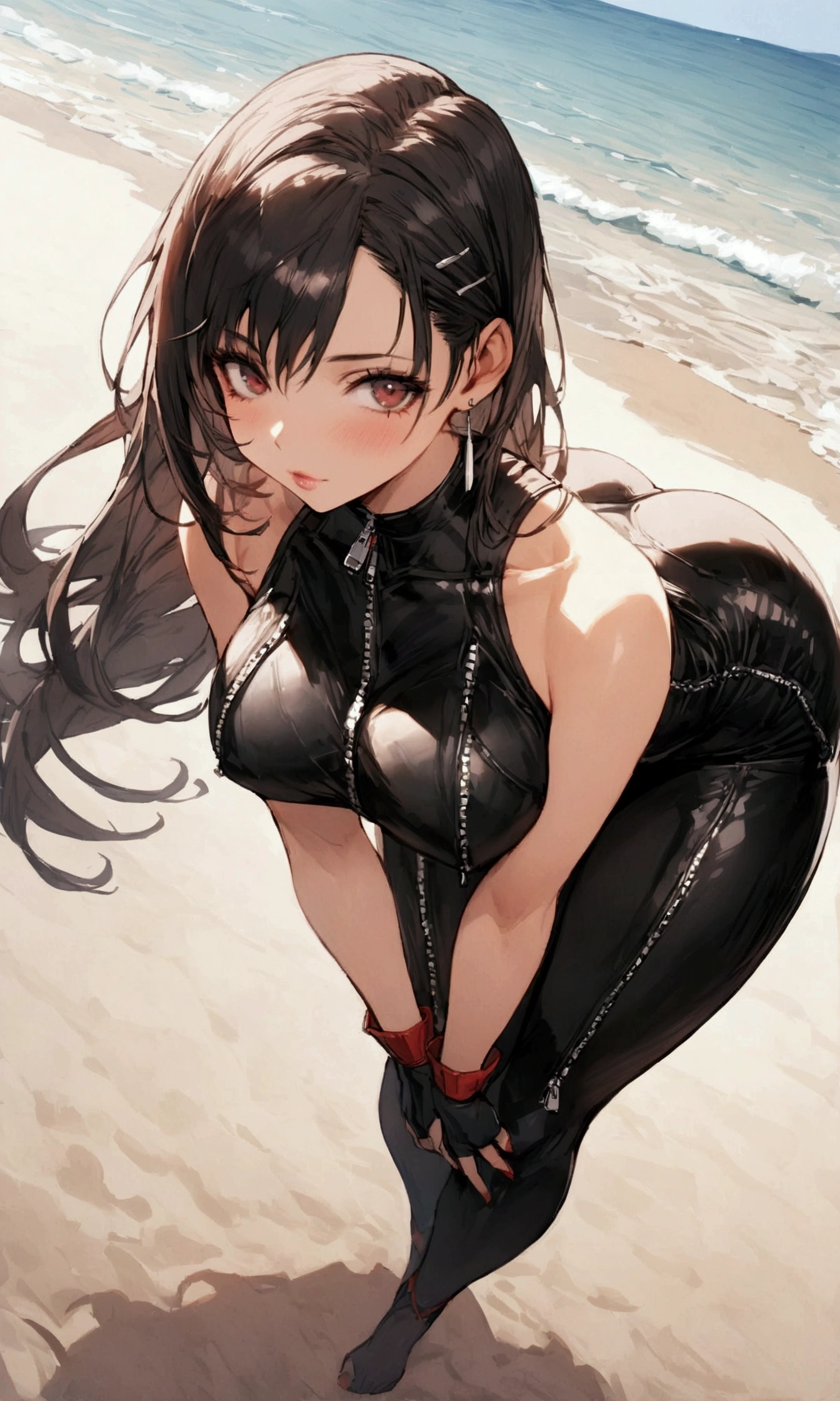 Best Quality, Tifa from Final Fantasy, bodysuit with backless design and zipper,  Whole body, red, without underwear or briefs, sexy clothes, on the beach, Wide hips