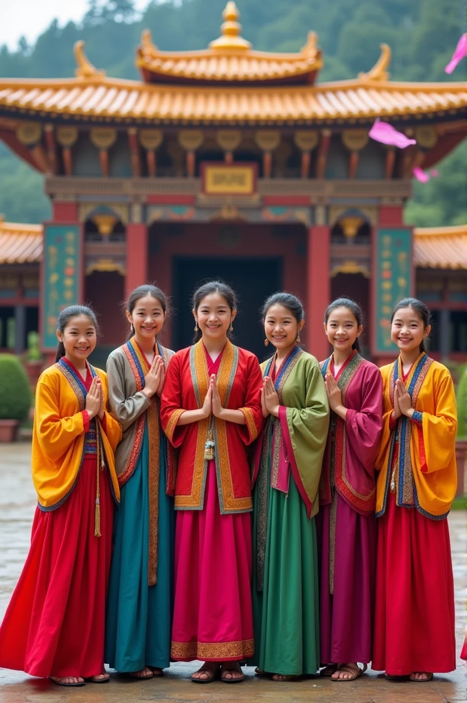 Picture a group of Bhutanese girls in traditional dresses, like colorful kira and wonju, standing near a temple. They’re smiling warmly, hands clasped in a prayerful gesture. The temple, adorned with intricate carvings and fluttering prayer flags, serves as a picturesque backdrop. The girls' joyful expressions and the vibrant, flowing fabrics of their dresses highlight the beauty and cultural richness of Bhutan.