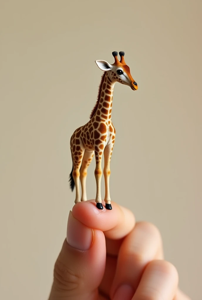 Photorealistic, 8k, Micro Tiny baby [girafa] perched on a human finger