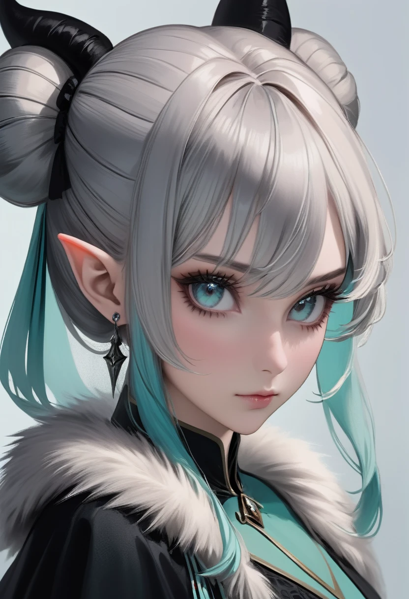 (masterpiece), (best quality half body), ultra realism, 1female, cold color scheme, looking at viewer, (silver_color_with_streaks_tied_bun_hairstyle, beautiful bangs, curls, forehead, hairclip), wearing Nordic fur, fur boots, Dracula teeth, elf ears, intricate detailed aqua eyes , pointy face, small eyes, soft smile, perfect anatomy, dynamic pose, intricate details,