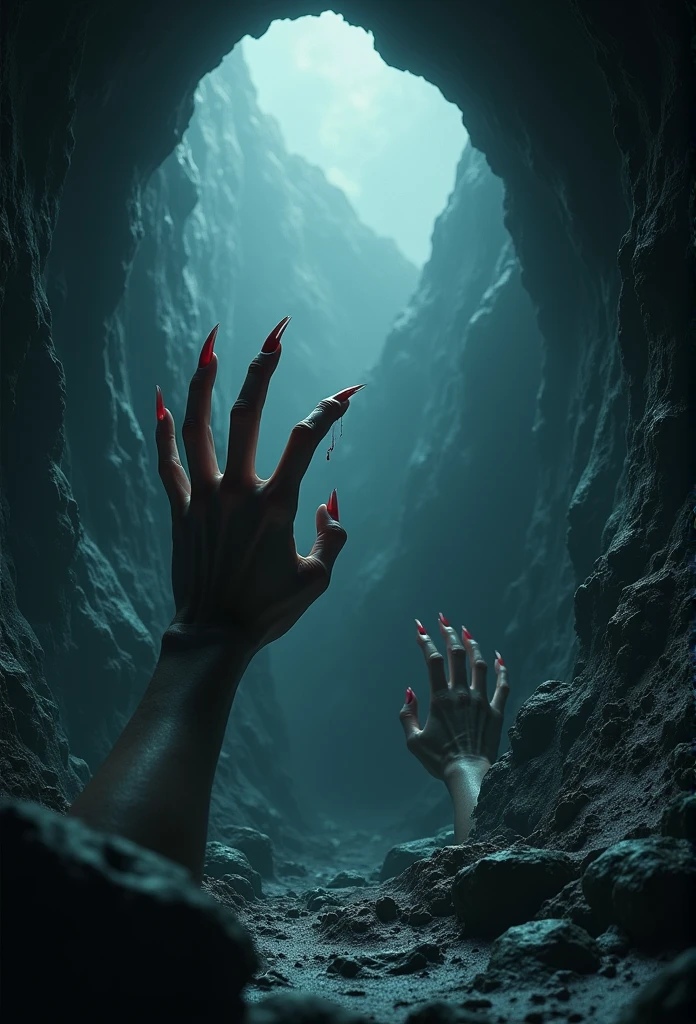 (Highest quality,4K,High resolution,masterpiece:1.2),Very detailed,(Realistic,photoRealistic,photo-Realistic:1.37),Horror,dark pit,Reaching out,Cave entrance,Unlucky lighting,Dark atmosphere,Bloody Hands,darkness,despair,Unlucky,Spooky,spooky,Dark Abyss,Sparkle of light,Shadow Figures,Unluckyな,That's horrible,Ghostly,That's horrible,mysterious,Anxious,Deathly pale fingers,Twisted,spooky,Claw-like nails,Bloodstain,Chills the bones,miserable,Gloomy,lonely,cold,jagged rocks,Unluckyな silence,Hidden Secrets,unknown Horrors,despair,Shadow Depth,Echoing Sound,Full of fear,Hidden Beings