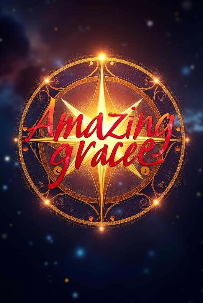 A logo that says Amazing Grace,with red colors, orange, rosa, yellow and light blue,with golden sparkles and details for a dance club,that looks majestic and cool, with the celestial kingdom in the background