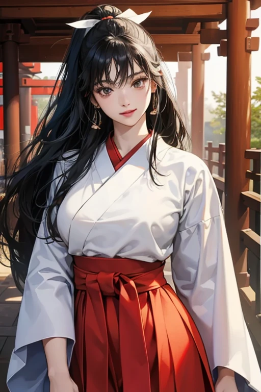 ( High resolution、 Super detailed)、masterpiece、Highest quality、High resolution、8k、Realistic Face、Realistic skin texture、 Amazing clarity、Detailed Anime、15-year-old female、、Long black hair、Her hair is tied up with a white ribbon.、Japan Priestess、Innocent eyes、Smiling eyes、Miko style、(upper body white kimono、Lower body red hakama)、 Slim figure、Big Breasts、At the shrine、afternoon、Cowboy Shot、Japanese garden、