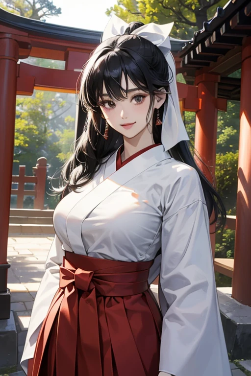 ( High resolution、 Super detailed)、masterpiece、Highest quality、High resolution、8k、Realistic Face、Realistic skin texture、 Amazing clarity、Detailed Anime、15-year-old female、、Long black hair、Her hair is tied up with a white ribbon.、Japan Priestess、Innocent eyes、Smiling eyes、Miko style、(upper body white kimono、Lower body red hakama)、 Slim figure、Big Breasts、At the shrine、afternoon、Cowboy Shot、Japanese garden、