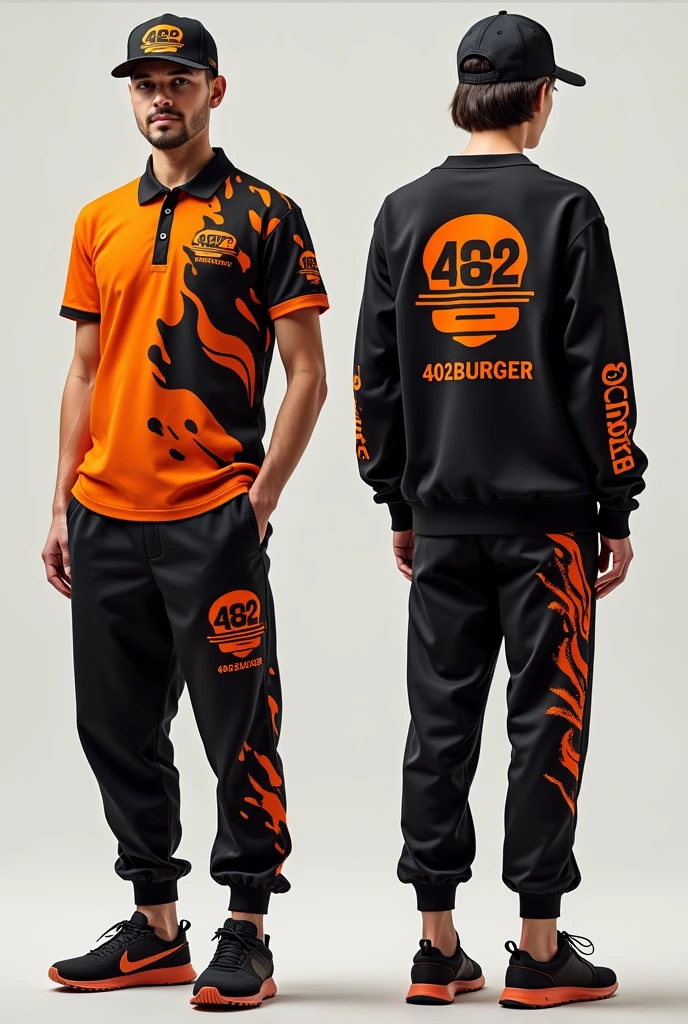 Design a complete uniform for a burger restaurant with the 402burger logo in black and orange with a polo-style t-shirt and jogger pants that are creative, urban and disruptive with creative designs and flames on the sweatshirt and t-shirt and a cap
