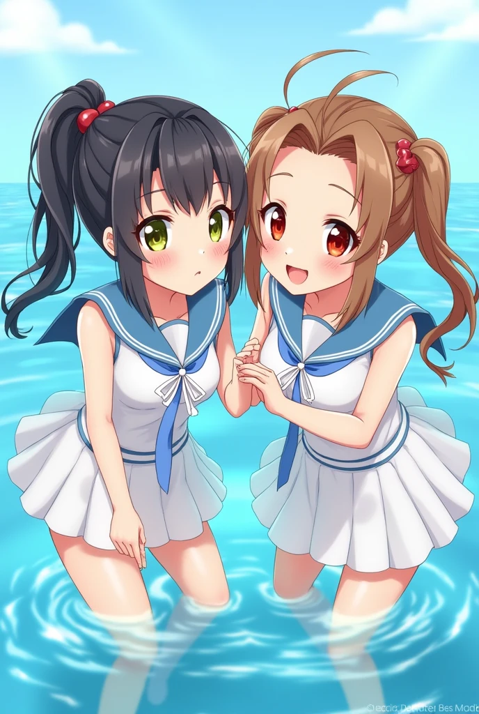 Highest quality、High resolution、Detailed Background、An illustration、(Beautiful face in every detail:1.4)、Anatomically correct、(Normal number of fingers:1.2)、(Detailed facial expressions)、(Detailed eyes:1.2)、Teenage beauty、(Highly detailed face:1.4)、(Huge breasts:1.2)、Perfect body line、Braided bob cut、ponytail、Twin tails、well-groomed eyebrows、A sheer white sailor dress、Light blue sailor collar、My clothes are wet and transparent、Accentuate your breasts、Accentuate your cleavage、Blushing、Pools and other water play spots、Panty Shot、

(Two beautiful girls enjoying a water play with shy expressions on their faces:1.5)
