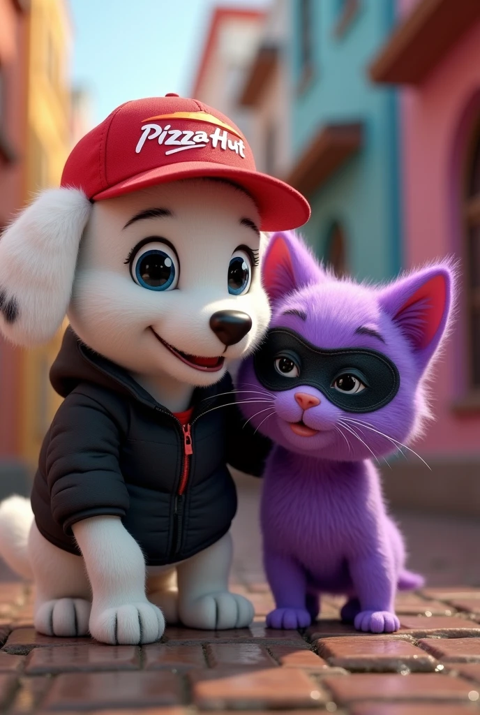 Phrase meme "fans of their relationship " by angela aguilar recreate an image with the characters of pizza hut el salvador with the.Puch the puppy and the cat, Puch the puppy is white with white spots, wearing a red hat that says Pizza Hut and a black jacket. The cat is purple with a black eye mask.