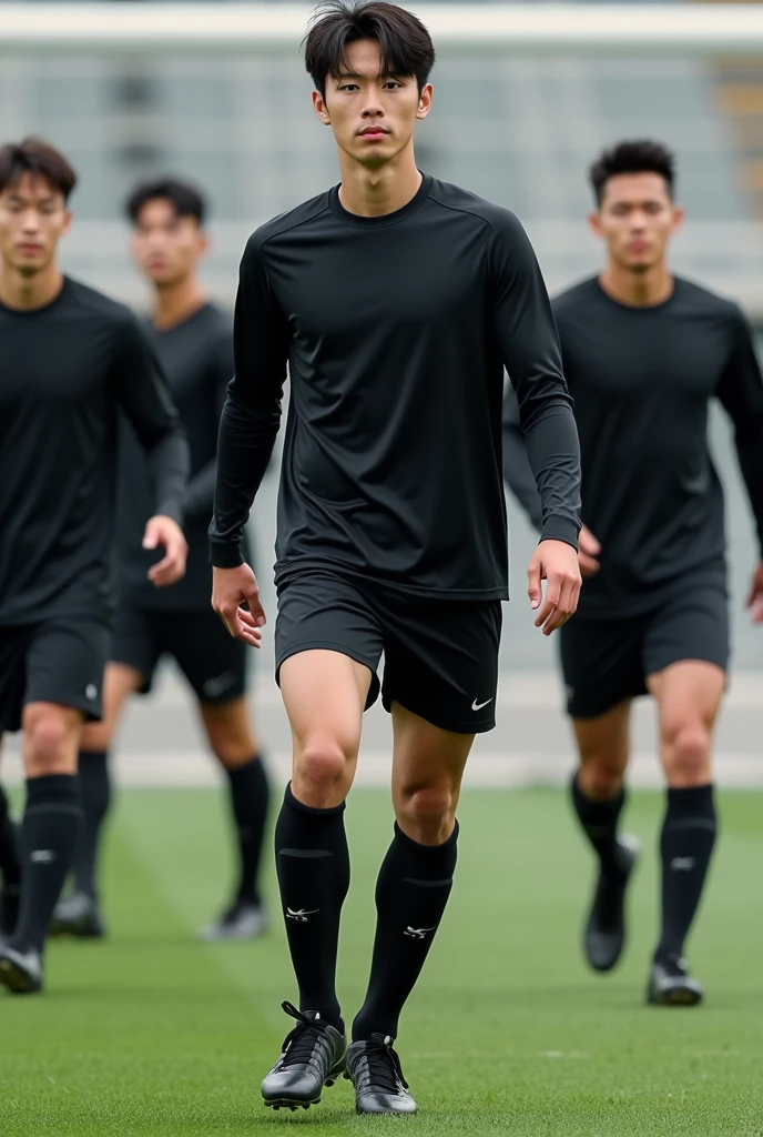 South Korean male soccer players, Black long sleeve t-shirt, Black Soccer , sneakers, And black socks up to the knee,Lower body exposed,