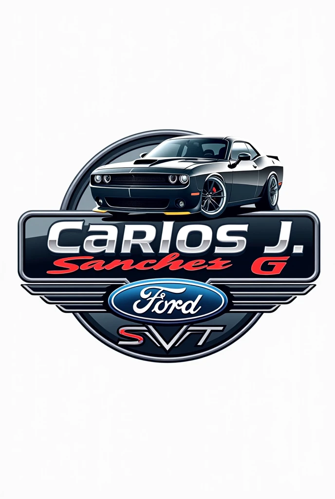 Logo with the letters Carlos J. Sánchez G. With the Dodge Challenger cars and the Ford SVT