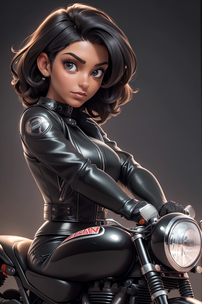 obra prima, melhor qualidade, ((only one woman,)) ((morgan ortagus, dark tan skin, full face and dimple cheeks, heavy facial makeup)) looking over shoulder at me, big erect cone tits, ((wearing metallic black leather biker moto jacket,)) ((jacket has padded shoulders, jacket has stiff high collar,)) (((wearing shiny black leather pants,))) body is very skinny, arched back, (((hand gripping handle tight, riding motorcycle, extreme closeup view, side front view of upper body,))) shallow depth of field, highres, HD, 8k, anatomically correct