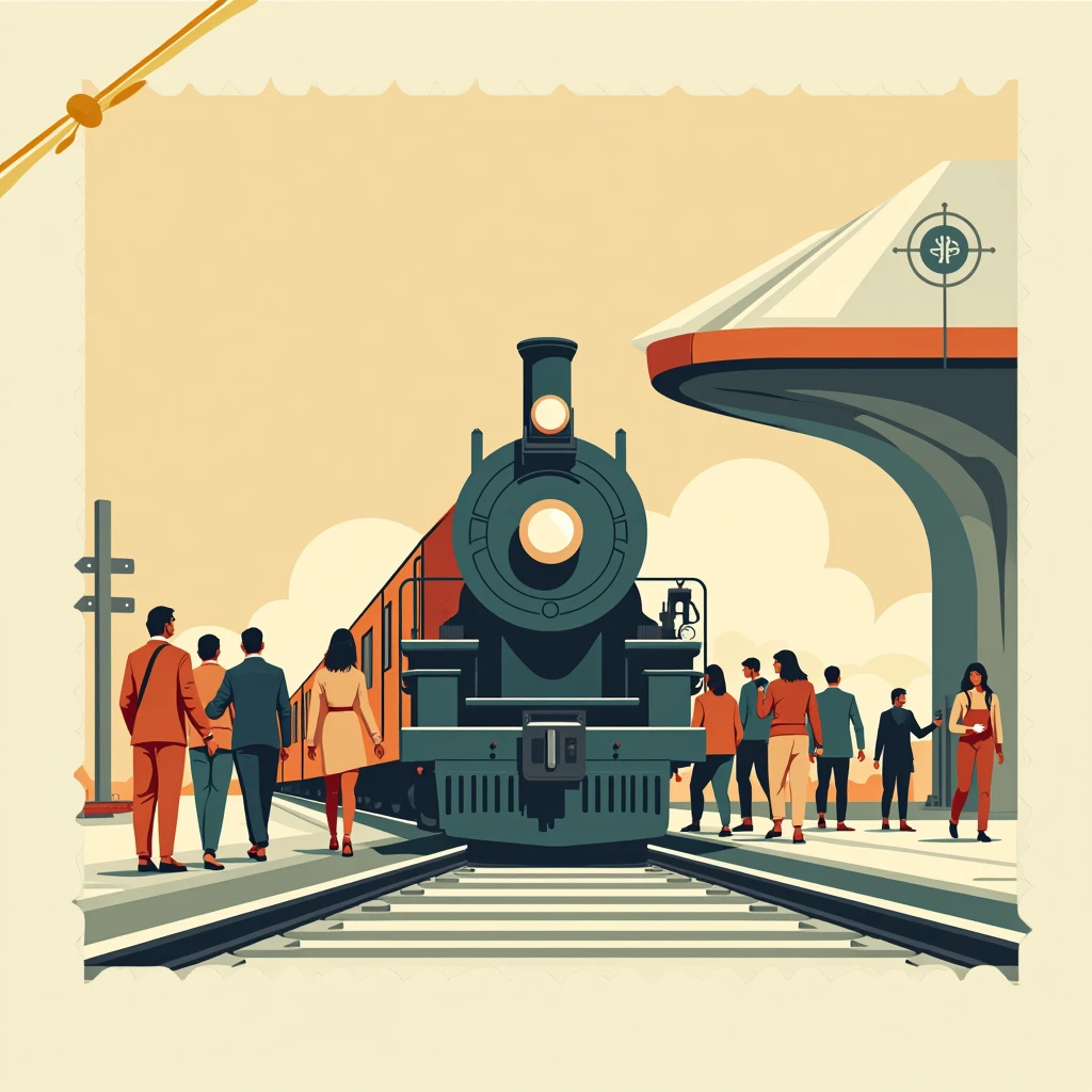 Retro Style,flat design,Some people are getting on the train.,locomotive,TRAIN STATION,Minimalist style,Non-realistic style,Stamp design