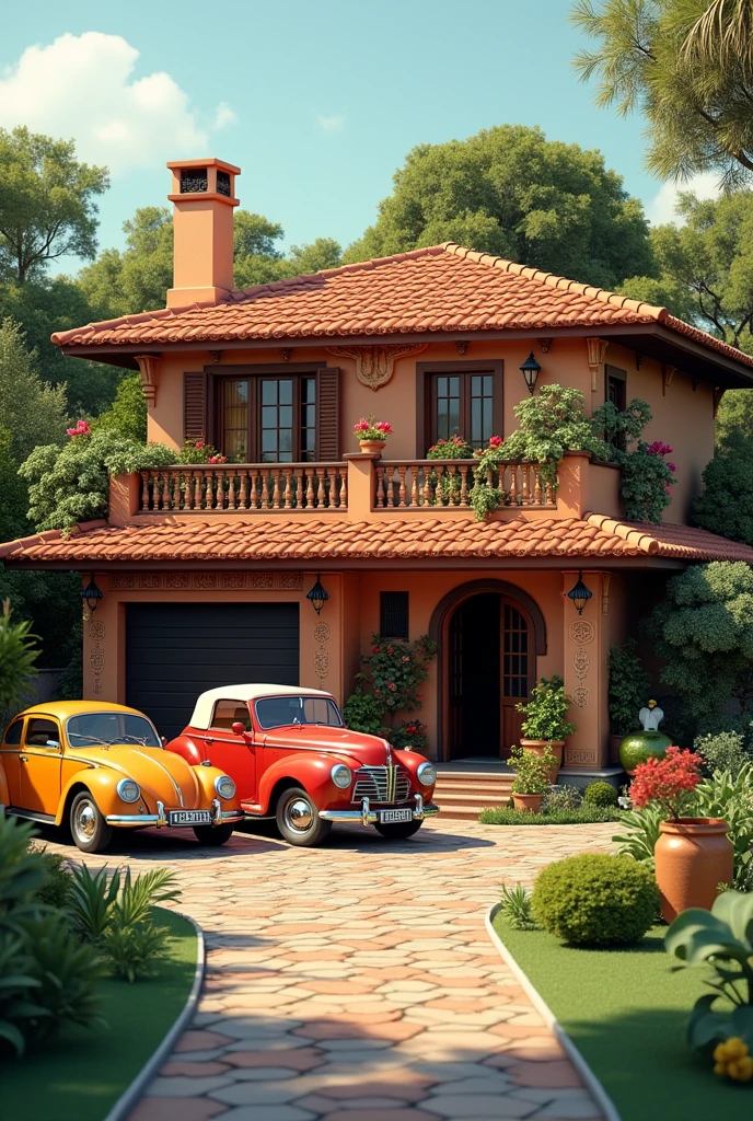 a 3d view of a single-story house for an 80-year-old widow, who likes African culture, who enjoys traveling to Italy, owns 4 cars and enjoys gardening