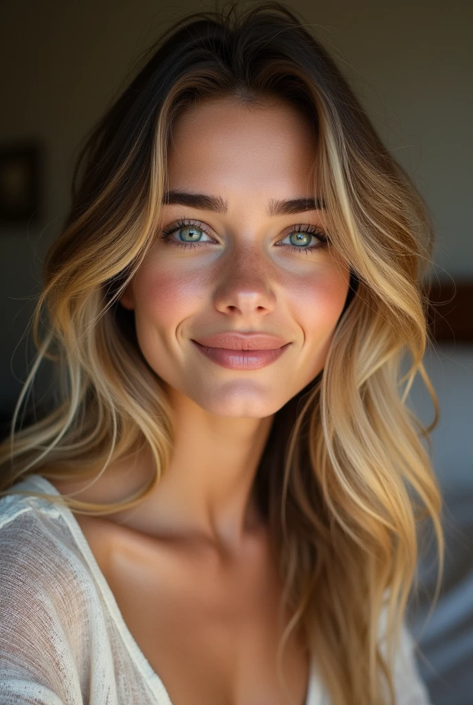 Beautiful brunette with blonde highlights, who is wearing a black top (in her cozy room), Very detailed, 22 years old, face innocent, Natural wavy hair, blue eyes, high resolution, masterpiece, best quality, complicated high level of detail, muito detalhado, keen focus, detailed skin, realistic skin Textur, Textur, detailled eyes, Specialist, 4K, charming smile, filmed with Canon, 85 mm, shallow depth of field, Kodak Vision Color, perfectly fitting body, Extremely detailed, fotografiar_\(ultra\), photorealestic, realisti, Aftercare, maximum details, roughness, true life, ultra realist, Photo-realism, fotografia, 8K UHD, fotografia, ((Upper body selfie, Happy)), masterpiece, best quality, ultradetailed, in the beach, (day), Natur, cheerful, view on the sea, Happy, backsack, Strandhut, pink shirt small sleeves closed, shade, contrast, clear sky, Stil, (warm hue, warmer Ton: 1.2), close up shot, cinematic light, sidelighting, ultrahigh resolution, bester shade, SPIRIT, Face part, serious look, Normal breasts, 4K,