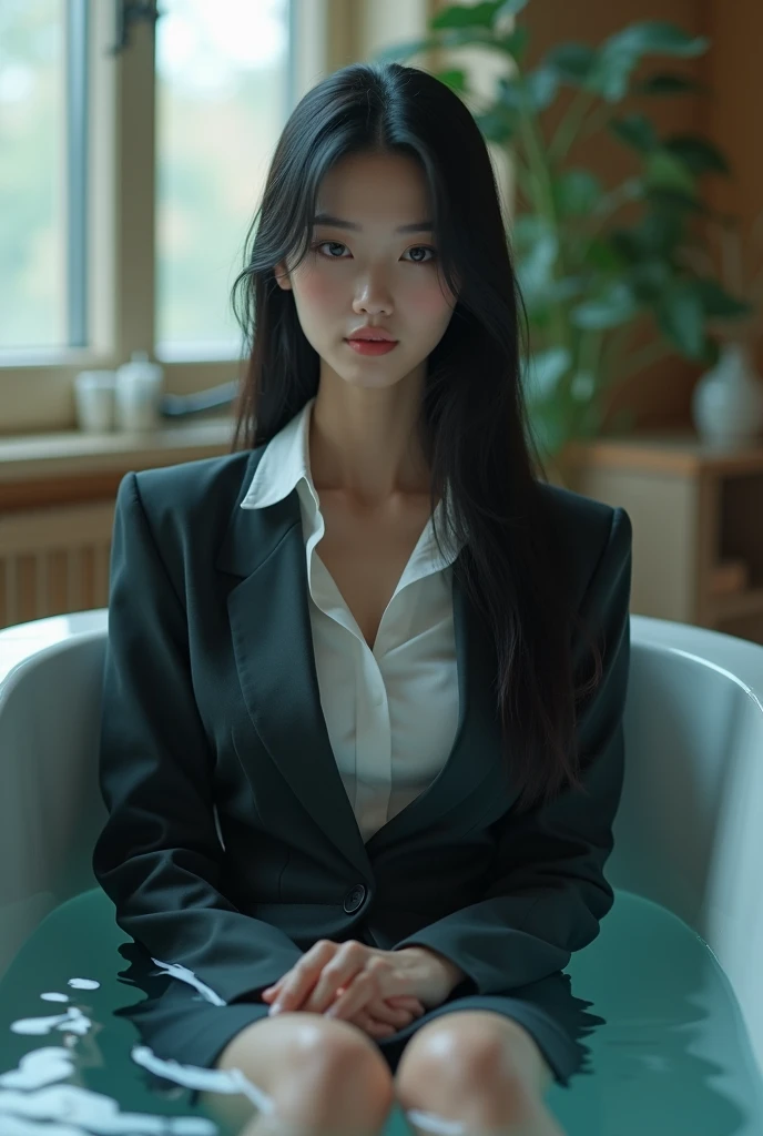 (photorealism:1.2), beautiful Japanese woman, sitting in the bath, wearing business suits, black long straight, indoors, soft lighting, cozy room, relaxed pose, realistic, intricate details, cool colors