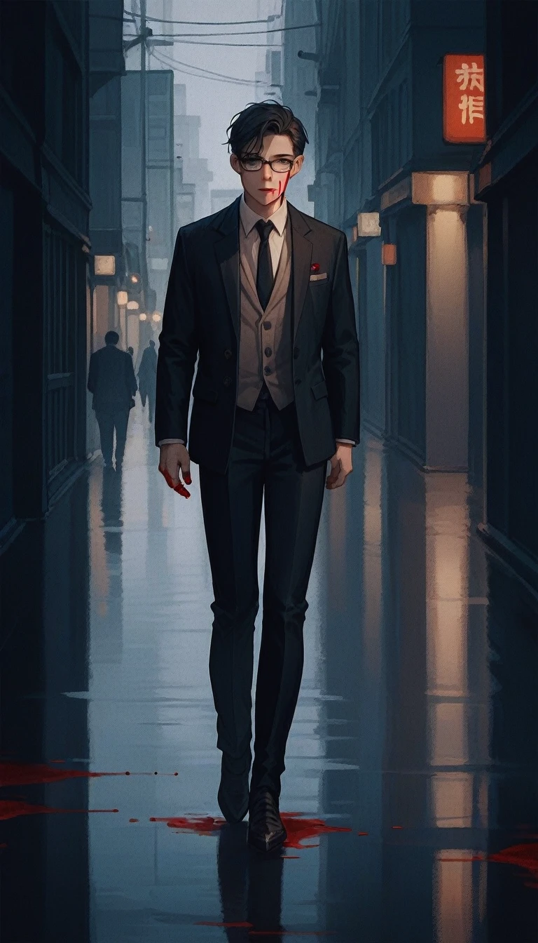 1BOY, SUIT, GLASSES, WALKING MIDDLE OF THE STREET, BLOOD ALL OVER THE BODY, DARK THEME, BLOOD MOVIE SCENE, FULL BODY, BLOOD ALL OVER THE SUIT 