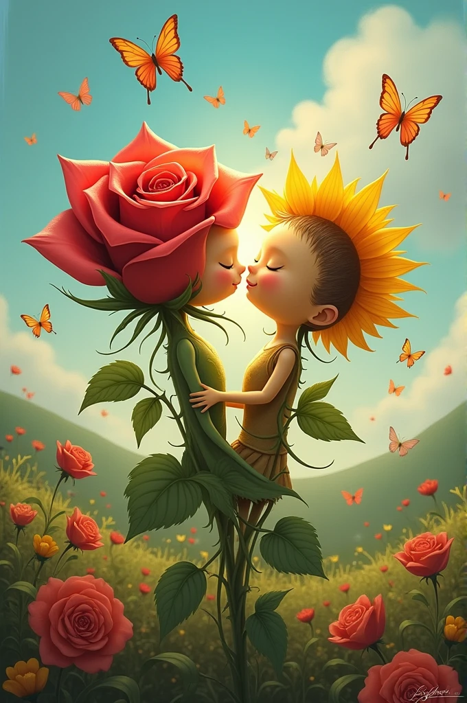 Create an artwork of a rose in love with a sunflower