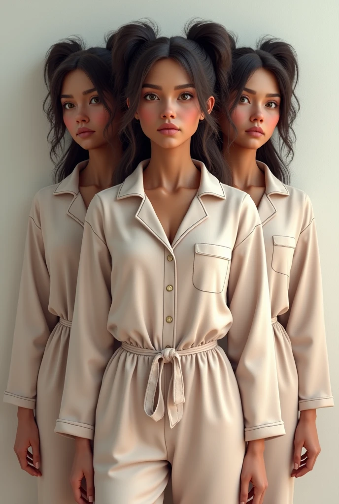 Very realistic woman with brown skin tone and pajamas, hair with a horse tail, full body image, repetition of the same woman full body.