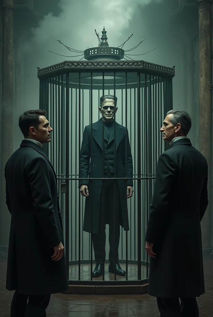 Make an image of Frankenstein in a cage ,and outside is Nikola Tesla and Michael Faraday,Nikola Tesla asks where Galvani is ,Make Nikola Tesla and Michael Faraday appear in the image,Make Nikola Tesla appear in the image. "Where is Aldini?"