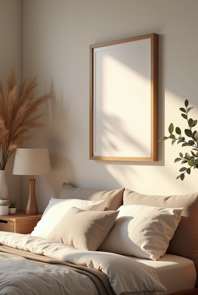 Modern wood horizontal picture frame at cozy bed room, 4k