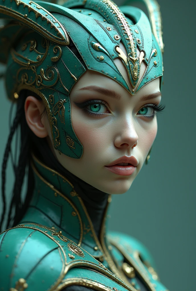 Generate an ultra-realistic image of Morgana, a cybernetic sorceress of mystical and sculptural beauty. Imagine a striking fusion of ancient magic and futuristic technology, with impeccable cinematic aesthetics. Female One, of surreal and ethereal beauty. Her features are fine and symmetrical, with high cheekbones and full lips, slightly hunched over into an enigmatic smile. Almond-shaped and hypnotic eyes, with one emerald green eye and the other sapphire blue, transmit