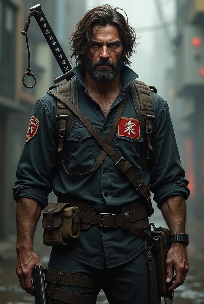 (man, grizzled soldier, smoking a cigarette, crouched, serious face, black hair, leaning against building), background (world war future battlefield)