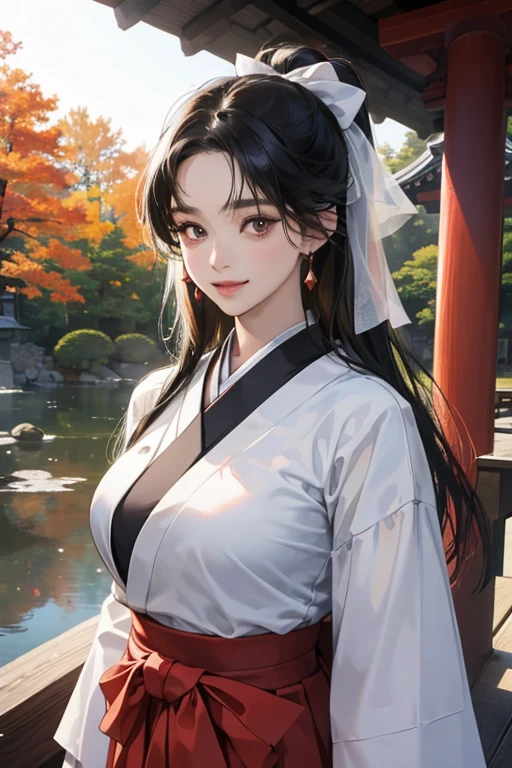 ( High resolution、 Super detailed)、masterpiece、Highest quality、High resolution、8k、Realistic Face、Realistic skin texture、 Amazing clarity、Detailed Anime、15-year-old female、、Long black hair、Her hair is tied up with a white ribbon.、Japan Priestess、Innocent eyes、Smiling eyes、Miko style、(upper body white kimono、Lower body red hakama)、 Slim figure、Big Breasts、At the shrine、afternoon、Cowboy Shot、Japanese garden、
