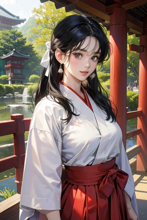 ( High resolution、 Super detailed)、masterpiece、Highest quality、High resolution、8k、Realistic Face、Realistic skin texture、 Amazing clarity、Detailed Anime、15-year-old female、、Long black hair、Her hair is tied up with a white ribbon.、Japan Priestess、Innocent eyes、Smiling eyes、Miko style、(upper body white kimono、Lower body red hakama)、 Slim figure、Big Breasts、At the shrine、afternoon、Cowboy Shot、Japanese garden、