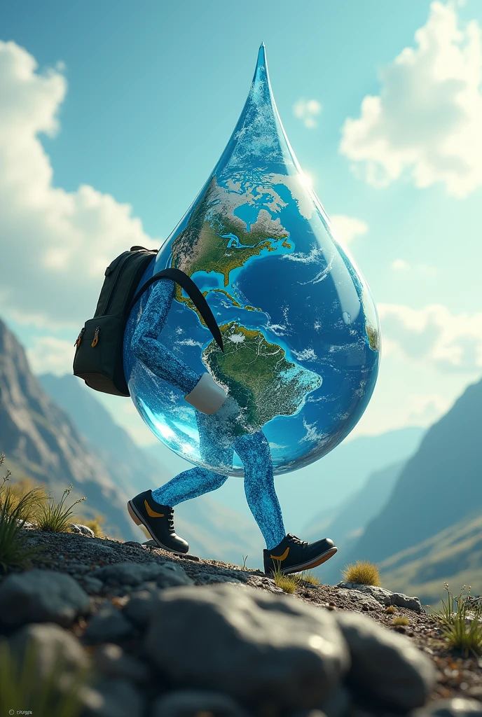 A planet earth with a drop of water walking with its backpack