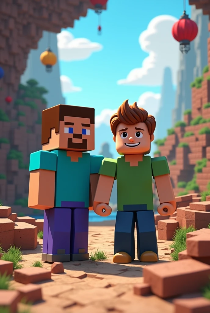 Create a picture of two brothers, one from Minecraft and the other from Roblox