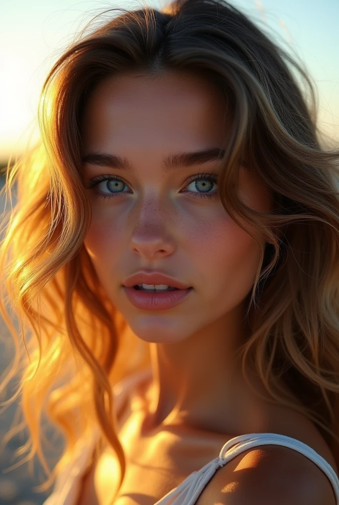 Beautiful brunette with blonde highlights,(22 years old, face innocent, Natural wavy hair, Blue eyes), and a woman,t​masterpiece, beste-Qualit, ultradetailed, solo, Outside,analog style (Look at the viewer: 1.2) (Skin texture) (film grains: 1.3), (warm hue, warmer Ton: 1.2), a close up shot of a, Cinema light, side light, extra high resolution, besserer Shade, SPIRIT,Beautiful brunette with blonde highlights,dark aesthetic lights, Very detailed, 22 years old, face innocent, Natural wavy hair, Blue eyes, high resolution, ​masterpiece, best quality, complicated high level of detail, very detailled, keen focus, detailed skin, realistic skin Textur, Textur, detailled eyes, Specialist, 4K, charming smile , filmed with Canon, 85 mm, shallow depth of field, Kodak Vision Color, perfectly fitting body, Extremely detailed, fotr_\(ultra\), photorealestic, realisti, Aftercare, maximum details, roughness, true life, Ultra Realist, Photo-realism, fot, 8K  UHD, fot, ((Body image)), ​masterpiece, best quality, ultradetailed, Natur, cheerful, Happy, Shade, contrast, clear sky, Stil, (warm hue, warmer Ton: 1.2), close up shot, cinematic light, sidelighting, ultrahigh resolution, bester Shade, SPIRIT, Face part, serious look, Normal breasts, 4K, Natur, Lace, lying on the ground, right camera looking, sexy pose, Dubai, desert, Sunset view in Background
