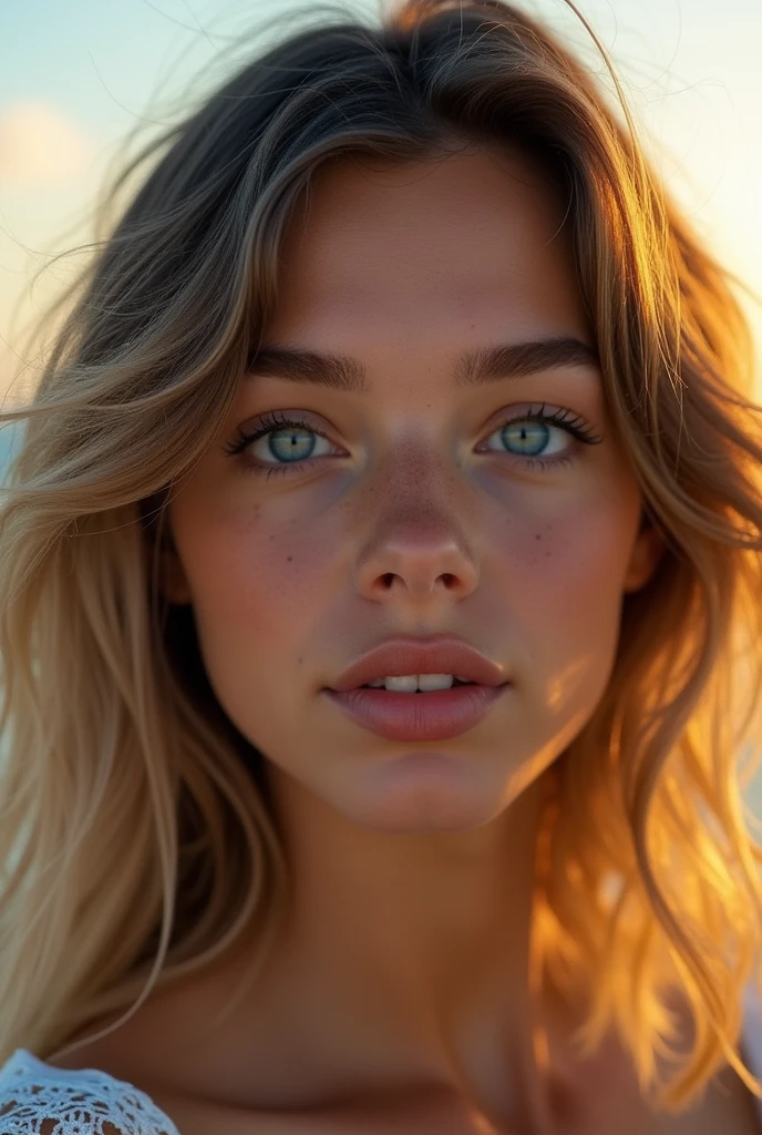 Beautiful brunette with blonde highlights,(22 years old, face innocent, Natural wavy hair, Blue eyes), and a woman,tmasterpiece, beste-Qualit, ultradetailed, solo, Outside,analog style (Look at the viewer: 1.2) (Skin texture) (film grains: 1.3), (warm hue, warmer Ton: 1.2), a close up shot of a, Cinema light, side light, extra high resolution, besserer Shade, SPIRIT,Beautiful brunette with blonde highlights,dark aesthetic lights, Very detailed, 22 years old, face innocent, Natural wavy hair, Blue eyes, high resolution, masterpiece, best quality, complicated high level of detail, very detailled, keen focus, detailed skin, realistic skin Textur, Textur, detailled eyes, Specialist, 4K, charming smile , filmed with Canon, 85 mm, shallow depth of field, Kodak Vision Color, perfectly fitting body, Extremely detailed, fotr_\(ultra\), photorealestic, realisti, Aftercare, maximum details, roughness, true life, Ultra Realist, Photo-realism, fot, 8K UHD, fot, ((Body image)), masterpiece, best quality, ultradetailed, Natur, cheerful, Happy, Shade, contrast, clear sky, Stil, (warm hue, warmer Ton: 1.2), close up shot, cinematic light, sidelighting, ultrahigh resolution, bester Shade, SPIRIT, Face part, serious look, Normal breasts, 4K, Natur, Lace, lying on the ground, right camera looking, sexy pose, Dubai, desert, Sunset view in Background