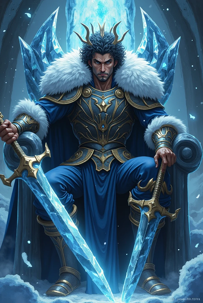 Photo realistic Anime Guy, curly hair, slightly brown skin,Crown of ice, ice king light blue theme. Dark brown eyes, God of war Around Ice Swords and Spears ,  gold royal armor with  black snow blue details . evil face, Demonic black aura .sitting on a throne