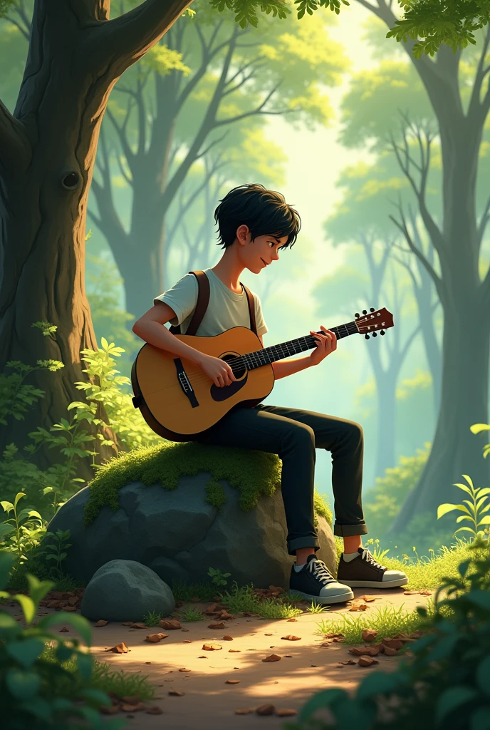 A young man playing a guitar in the forest, sitting on a rock.. image taken from afar