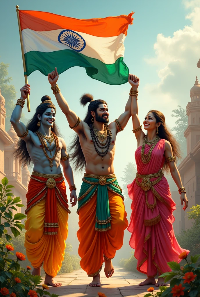   Create a joyful and vibrant scene where Hindu gods like Lord Vishnu, Lord Shiva, and Goddess Durga are holding the Indian tricolor flag together with pride and happiness. They should be depicted in a celebratory mood, with bright colors, traditional attire, and a serene yet festive backdrop representing peace and unity.”